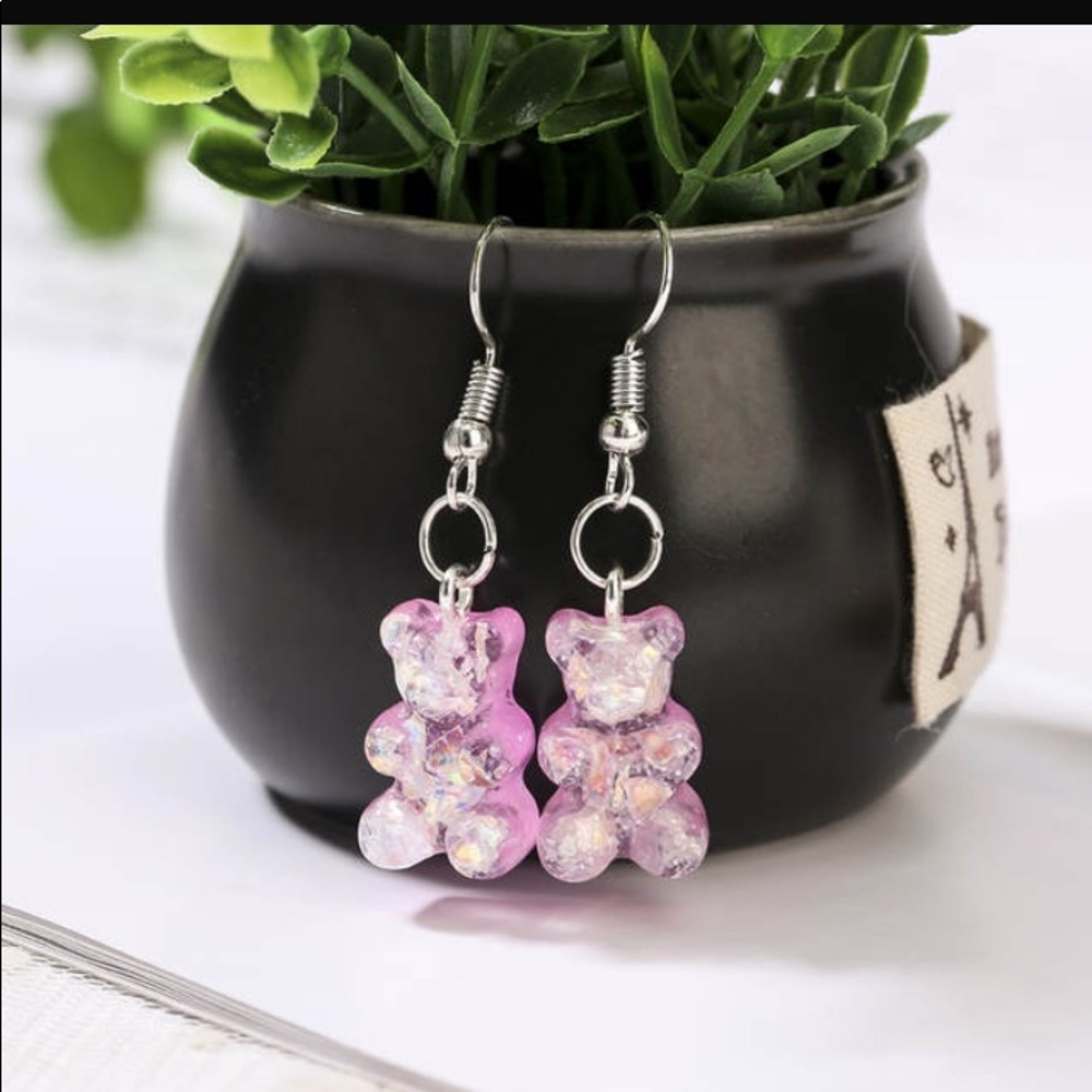 🍭🐻💗 Pink Glitter Gummy Bear Earrings Kawaii